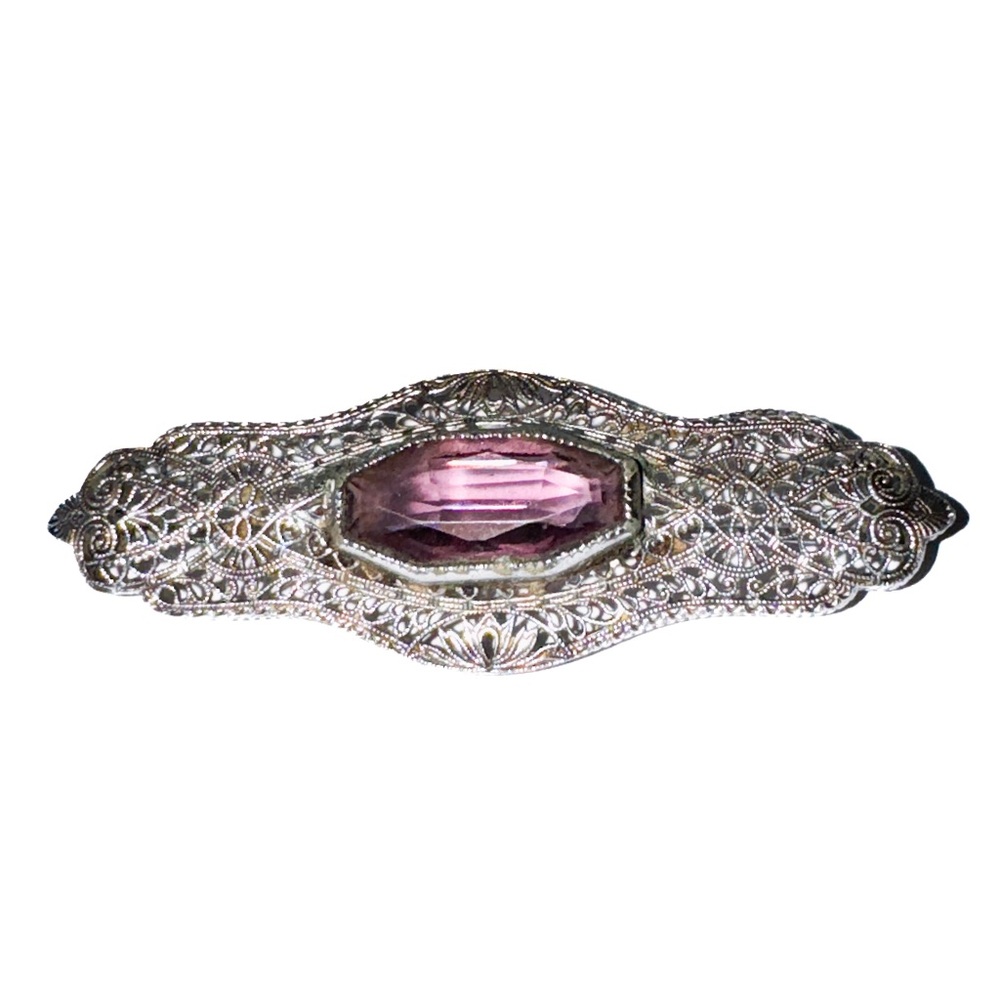 Antique Silver Color Filigree Brooch with Amethyst.